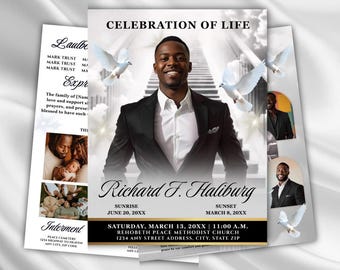 Black & White Funeral Program Template, Celebration of Life (Canva, Digital Download)