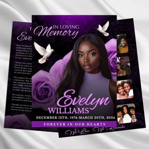 Purple Roses Funeral Program Template, Celebration of Life (Canva Template)