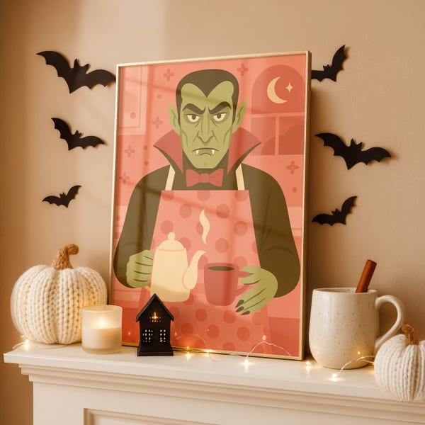 Dracula Baking Poster Kitchen Wall Art Halloween Decor Vintage Style Print Funny Gift for Home Cooks Creepy Cute Decor