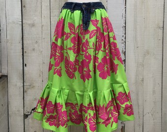 Neon green and pink floral printed cotton full skirt with recycled denim waistband SZ S