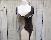 Recycled stretch patchwork olive and beige denim corset top with front zipper SZ M-L