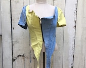 Recycled selvage stretch patchwork colorful denim short sleeve corset top with front zip SZ L