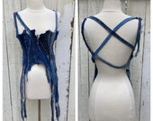 Recycled stretch selvage patchwork denim corset top with open back and front zipper closure SZ S