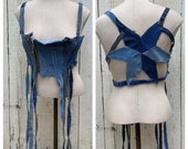 Recycled stretch selvage patchwork denim corset top with star patch back and zipper closure SZ M
