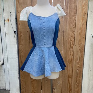 Recycled stretch patchwork denim peplum top with tie scarf straps and metal zipper closure SZ M