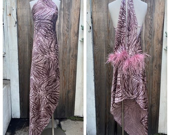 Vintage silk Devore fabric bias slip dress with back elastic strap and feather trim scarf detail SZ S