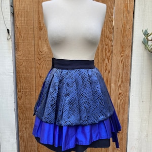 Blue Pleated patchwork silk charmeuse, taffeta, poplin and rayon mini skirt with side zipper and hook and eye closure SZ S