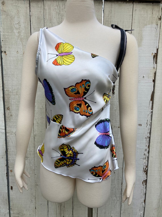 One shoulder butterfly printed poly charmuse draped top with metal zipper side strap detail SZ M