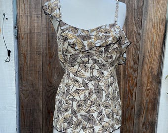 silk crepe and silk chiffon fan printed slip on blouse with ruffle details and tie back SZ S