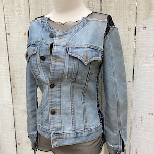 Recycled deconstructed denim jacket and black mesh long sleeve top SZ XS