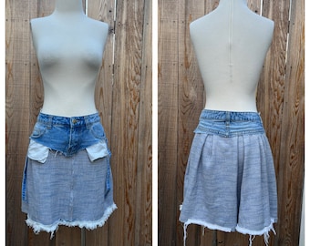 Recycled blue cotton and patchwork denim waistband mini skirt with frayed edges SZ S/M