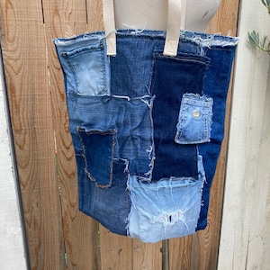Recycled selvage patchwork frayed denim jeans medium size tote bag with cotton Webb straps