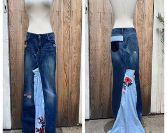 Recycled stretch patchwork long maxi denim skirt with floral embroidery and butterfly appliqué SZ L