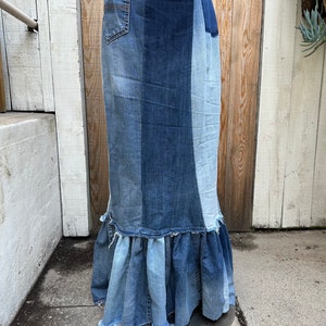 Recycled Stretch Paneled Patchwork Extra Long Ruffled Hem Denim ...