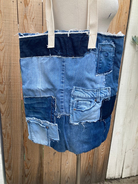 Recycled Selvage Patchwork Frayed Denim Jeans Medium Size Tote Bag