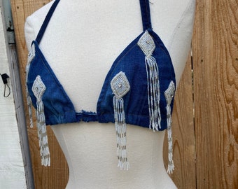 Recycled stretch patchwork denim bikini top with all over vintage beaded appliqués lined in mesh SZ M
