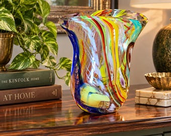 Vintage Handblown Art Glass Vase | Multicolor Studio Glass | Sculptural Folded Rim | Abstract Modern Decor