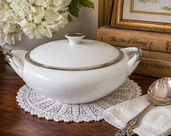 Celebrity Fine China Covered Serving Bowl | Anniversary Pattern | White Silver Trim | Vintage Handled Vegetable Dish with Lid