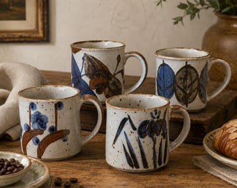 Vintage Studio Pottery Mugs | Blue Brown Botanical Stoneware | Choice of Matte or Glossy Pair