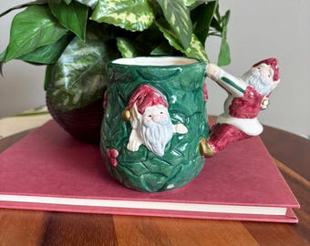 Vintage Santa Mug | Christmas Holly Berry Mug with Santa Handle | Kitsch Christmas Decor | Holiday Coffee Mug | Playful Holiday Spirit Mug