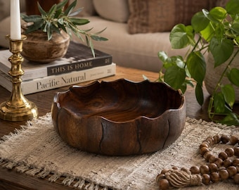 Vintage Monkey Pod Wood Bowl | Hand Carved Hardwood Centerpiece, Organic Modern Decor