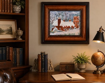 Vintage Winter Landscape Painting | Original Snowy Village Scene | Framed Folk Art Canvas | Mountain Church Wall Decor