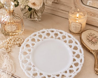 Vintage Westmoreland Milk Glass Plate | Forget Me Not Lattice Rim | Gold Accent Display Dish