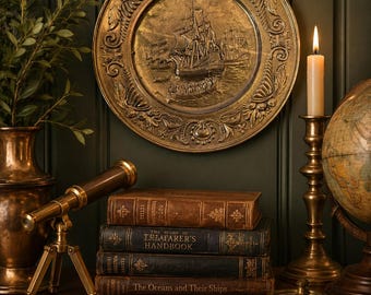 Vintage Brass Ship Wall Charger | Embossed Sailing Vessel Plate | Nautical Wall Decor | 17 Inch Metal Wall Plaque