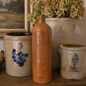 Vintage German Stoneware Mineral Water Bottle | Brown Salt Glaze Jug | Embossed Rhens Germany | Rustic European Farmhouse Decor