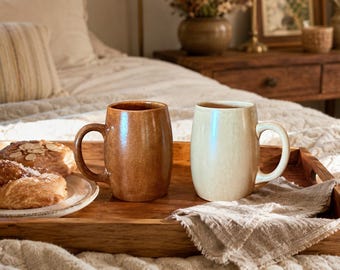 Signed Studio Pottery Mugs Pair | Handmade Stoneware Coffee Cups | Brown Tan Earth Tone Drinkware | Rustic Ceramic Gift