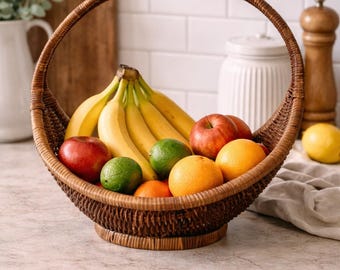 Vintage Wicker Crescent Basket | Boho Rattan Fruit Basket | Sculptural Handle Basket | Mid Century Style Decor | Farmhouse Table Accent