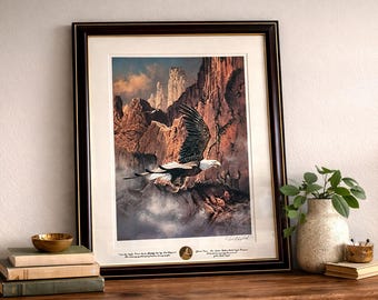 Ted Blaylock Bald Eagle Print | Framed Wildlife Art | Mountain Landscape | Signed | Vintage Nature Wall Decor | Conservation Medallion