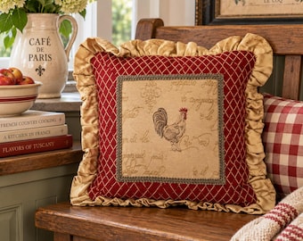 Vintage Rooster Throw Pillow | Red Gold French Country Decor | 16 Inch Farmhouse Accent