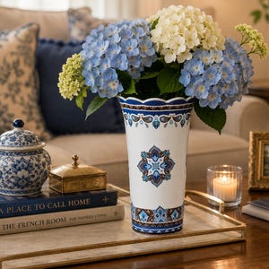 Vera Bradley Java Blue Vase | Andrea by Sadek Ceramic Vase | 8.5 Inch Scalloped Vase | Blue White Home Decor