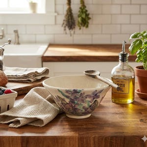 May include: A kitchen scene with a ceramic bowl featuring a floral design, a wooden spoon, and a glass bottle of oil. A small pot of basil and a container of berries are also present on a wooden countertop.