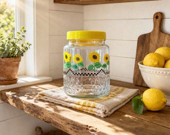 Vintage Sunflower Glass Canister Jar with Lid | Yellow Kitchen Decor | Country Farmhouse Storage | KIG Indonesia