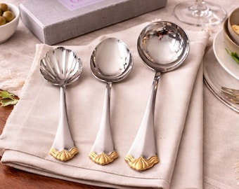 Oneida Serving Spoon Set | Vintage 3 Piece Set With Box | Stainless Steel Gold Accent | Hostess Gift | Entertaining Serveware