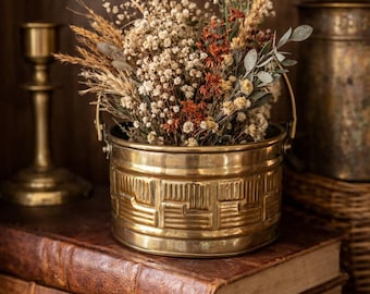 Vintage Brass Bucket | Small Brass Planter Pot | Embossed Brass Cachepot | Rustic Farmhouse Decor | Brass Flower Holder