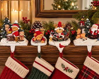 Vintage Christmas Stocking Holders Set of 4 | Santa Teddy Bear Mantel Hooks | Holiday Fireplace Decor