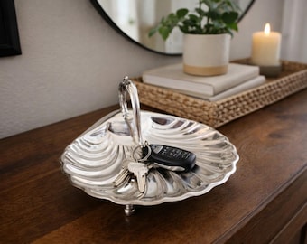 Vintage Silver Shell Dish with Handle | Bernard Rice Sons Silverplate Bowl | Coastal Decor Candy Nut Dish | Ornate Footed Server
