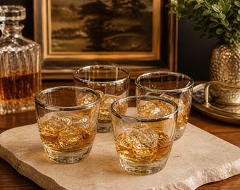 Vintage Silver Rim Rocks Glasses Set of 4 | Classic Barware Tumblers | Mid Century Lowball Cocktail Glass Set