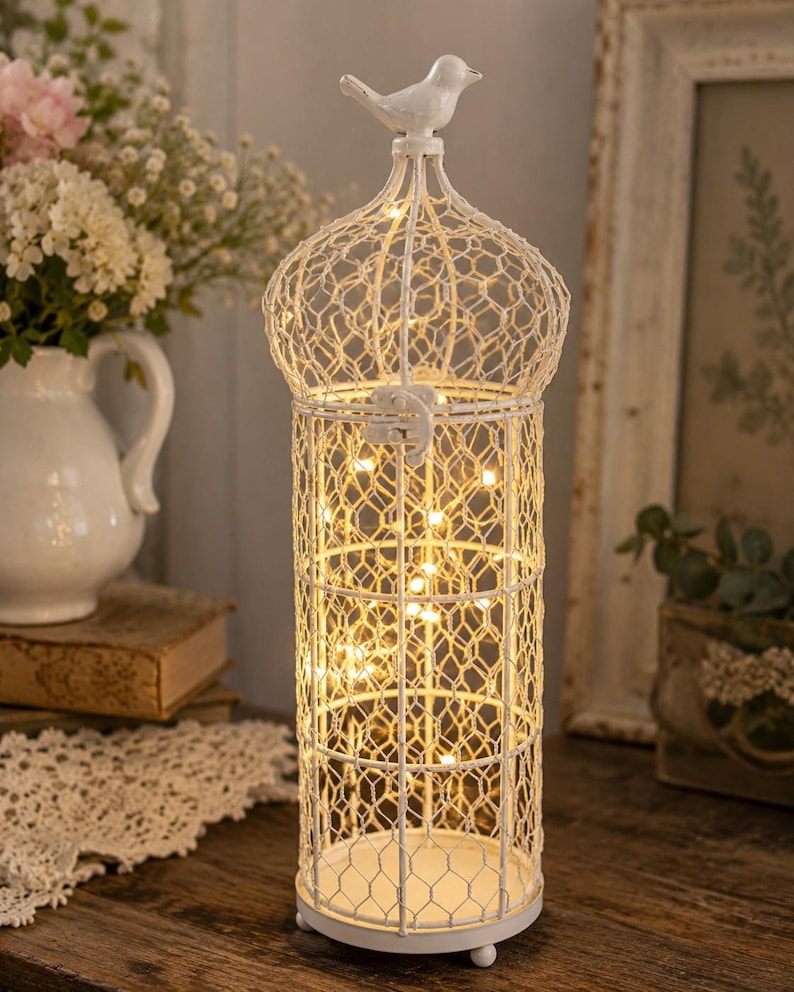 White Wire Bird Cage Decor | Shabby Chic Accent | Farmhouse Cottage ...