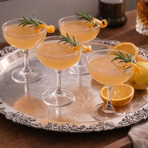 May include: Four coupe glasses filled with an orange-colored cocktail, garnished with rosemary sprigs and orange peel, sit on a silver tray. Sliced oranges and lemons are arranged around the glasses, suggesting a citrus-based drink.