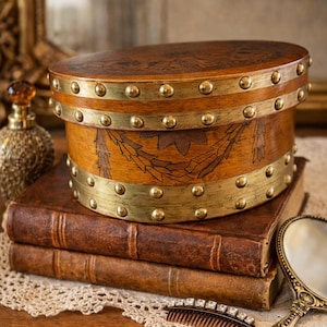 Vintage Nesting Hat Box | Decorative Wood Storage Drum | Brass Studded Toleware | Regency Style Home Decor | French Country Art |