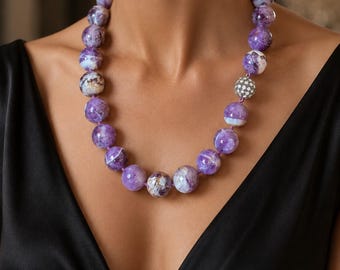 Natural Amethyst Statement Necklace | Hand-Knotted Purple Gemstone Beads | Rhinestone Magnetic Clasp | 22 Inch Artisan Jewelry