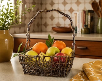 Bronze Tone Wire Basket | Square Handled Catchall | Woven Metal Fruit Holder | Rustic Kitchen Storage