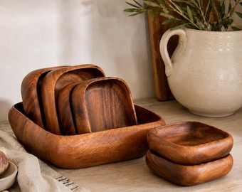Vintage Philippine Wood Salad Bowl Set | Exotica Brand | 7 Piece Mid Century Serveware | Square Nesting Dishes