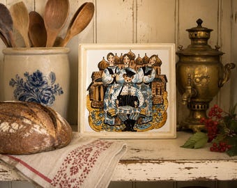 Russian Souvenir Ceramic Trivet | Soviet Folk Art Tile | Orekhovo Zuevo Wall Hanging | Hand Painted Style Kitchen Decor