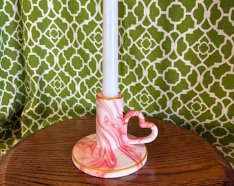 Vintage Pink Marbled Ceramic Candle Holder | Heart Handle Chamberstick
