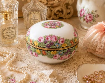 Vintage Floral Porcelain Trinket Box | Pink Purple Roses Gold Trim Keepsake Dish